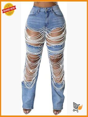 High Waisted Ripped Baggy Jeans with Rhinestones Pearl Chains Distressed Denim